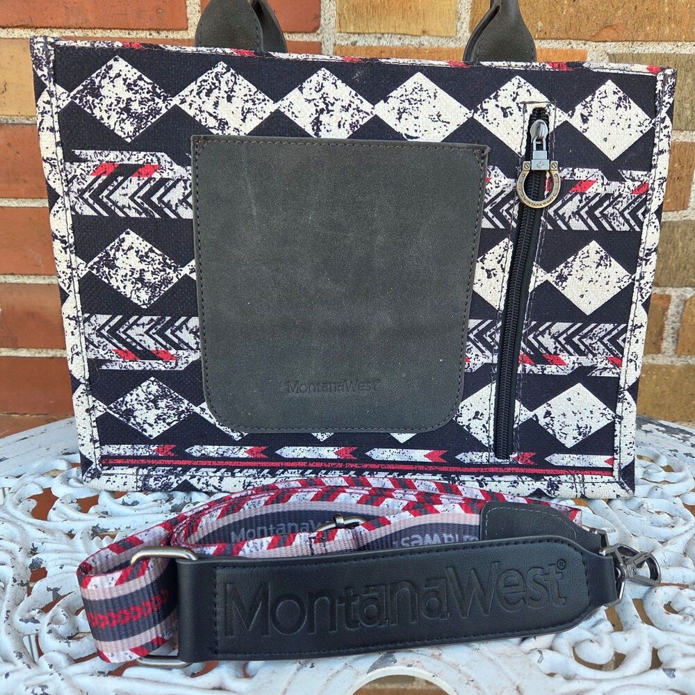Montana West Aztec Canvas Tote Bag Western Boho Crossbody Black Red - Picture 2 of 8
